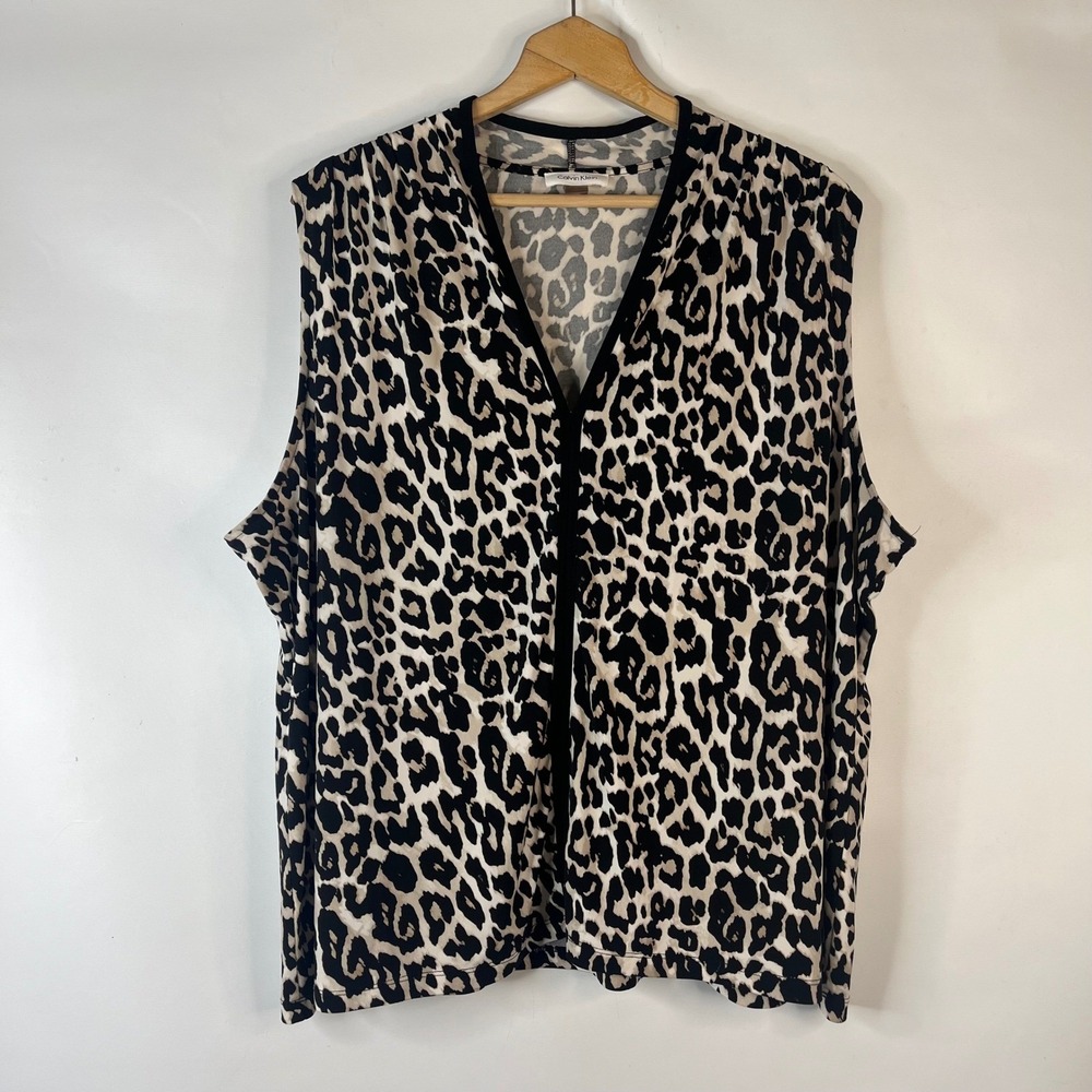 Calvin Klein Blouse Womens 3X Tan Leopard Print V-Neck Sleeveless Stretch Top